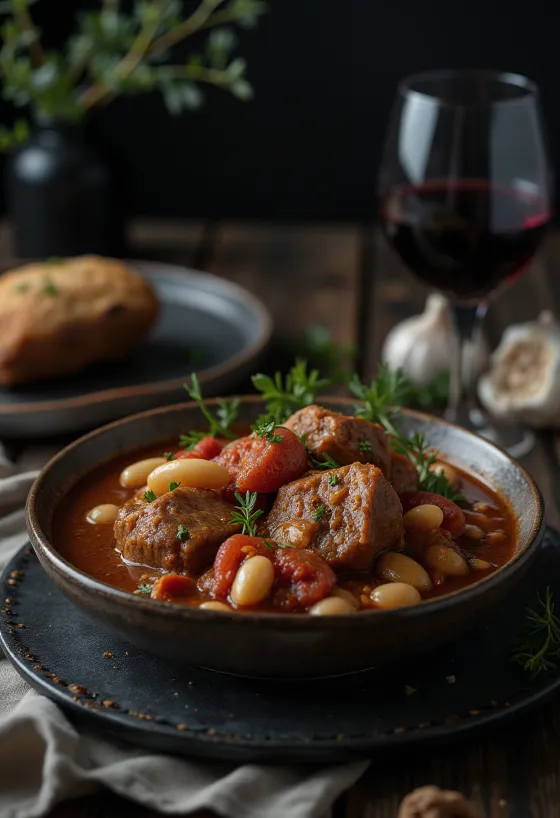 Callos com carne bovina servido, molho rico e feijão branco