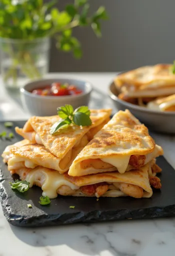 Quesadilla de frango dourada, servida com queijo derretido e ervas frescas