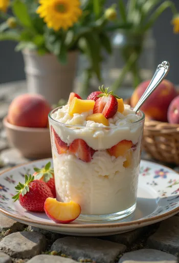 Arroz doce cremoso com pedaços de frutas frescas e chantilly