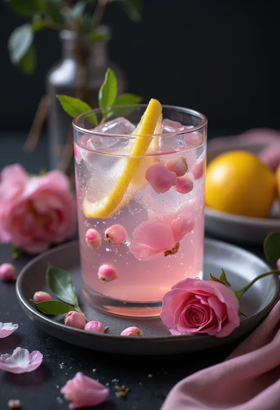 Limonada com água de rosas servida em copo