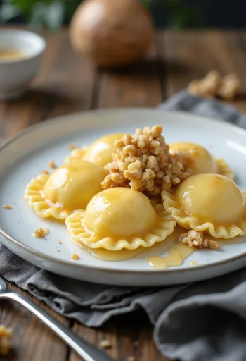 Ravioli de doce de leite servido com molho cremoso