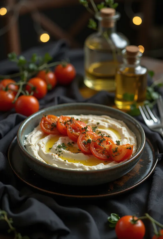 Tirokafteri com tomates assados servido com creme de queijo feta fresco