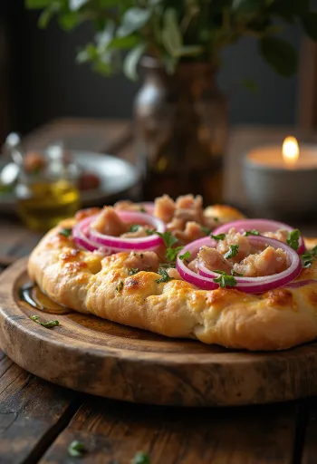 Focaccia de Atum com Cebola Roxa servida
