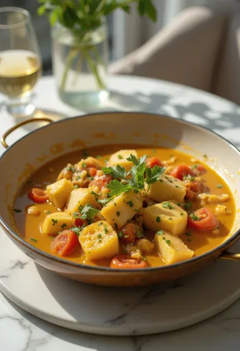Moqueca com vinho branco, leite de coco, decorada com coentro fresco