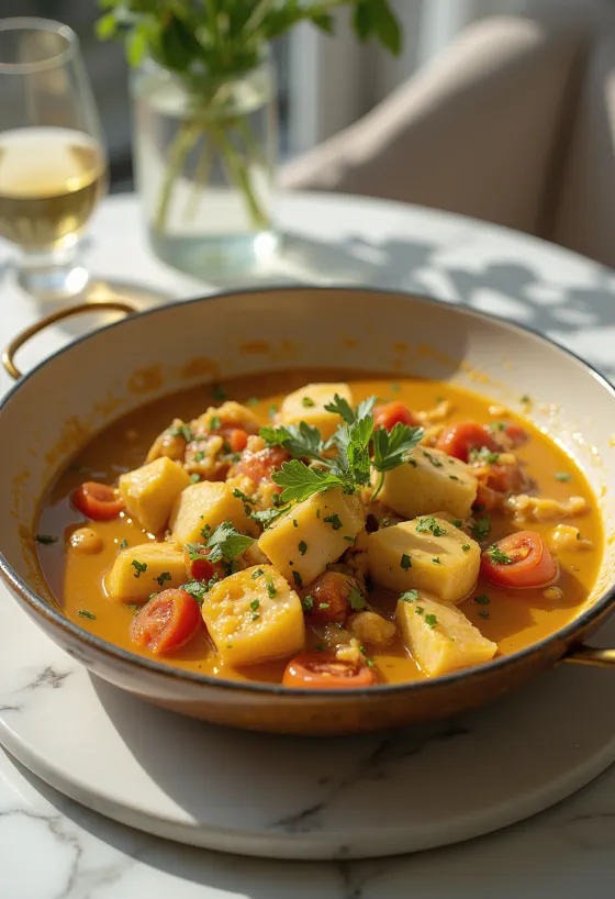 Moqueca com vinho branco, leite de coco, decorada com coentro fresco