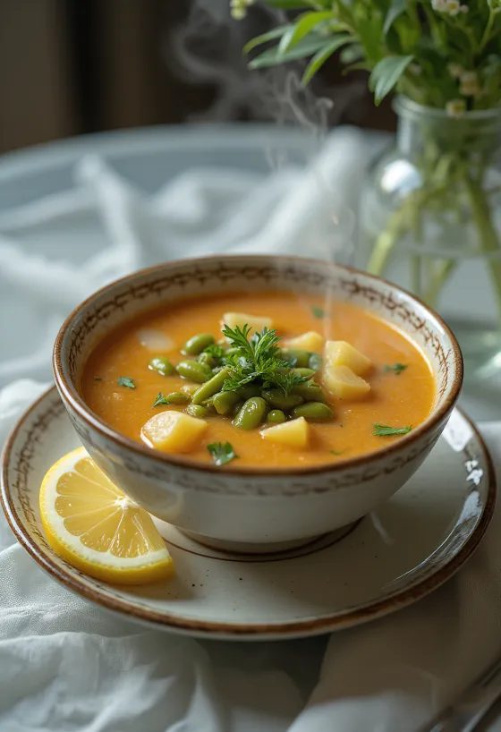 Sopa Palóc tradicional, rica em vagem, batata e carne de cordeiro.
