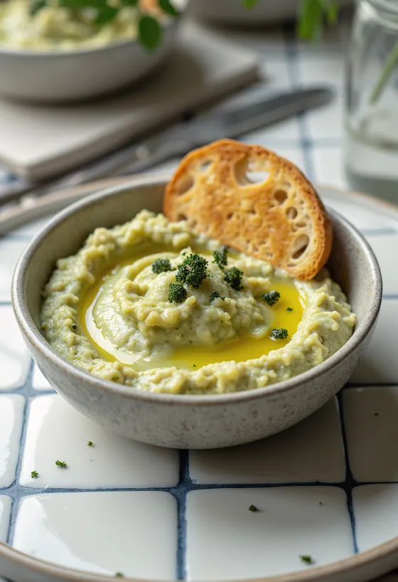 Pesto prebiótico de alcachofra, molho pesto cremoso de cor verde pálida em tigela rústica
