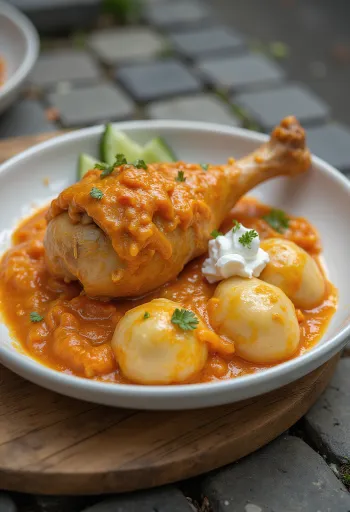 Frango ao molho de páprica suculento, servido com nhoque e creme.