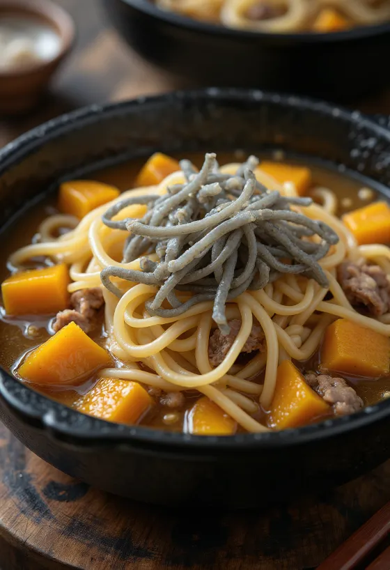 Hōtō com Konnyaku, rica sopa de missô com macarrão e legumes