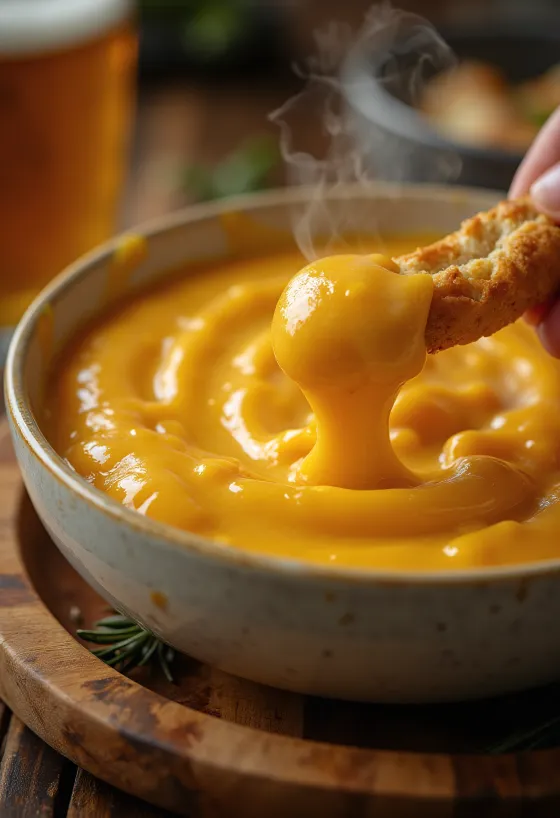 Molho de queijo cheddar com cerveja servido