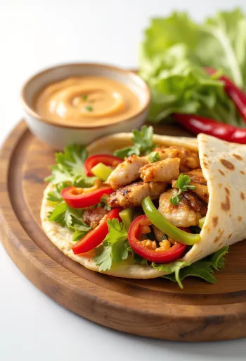 Wrap picante recheado com frango grelhado, chili, pimentão e salada, com molho cremoso