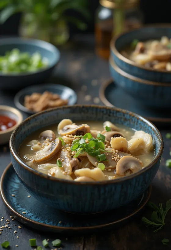 Tigela de sujebi de cogumelos com massa fresca e alho-poró