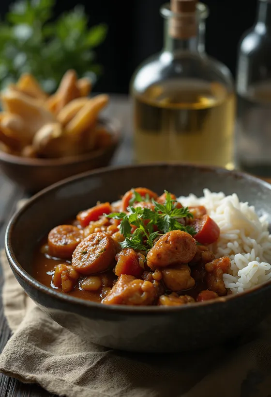 Gumbo com tomate, caldo de tomate rico, pedaços de frango e linguiça