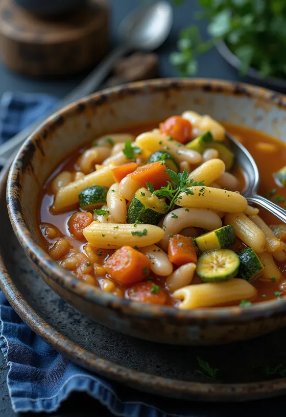 Sopa minestrone servida com macarrão, muitos legumes, batata e feijão