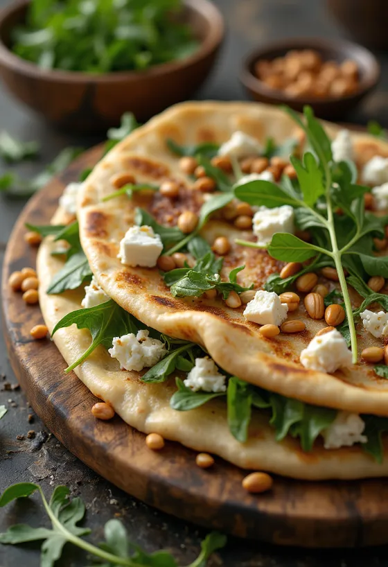 Piadina aberta com pinoli tostado e queijo feta