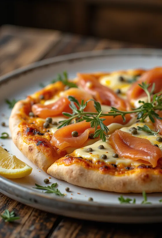 Pizza à la Norueguesa com salmão defumado, alcaparras e creme de leite