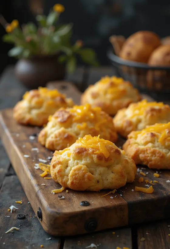 Pãezinhos de queijo assados dourados com camada crocante de queijo em cima