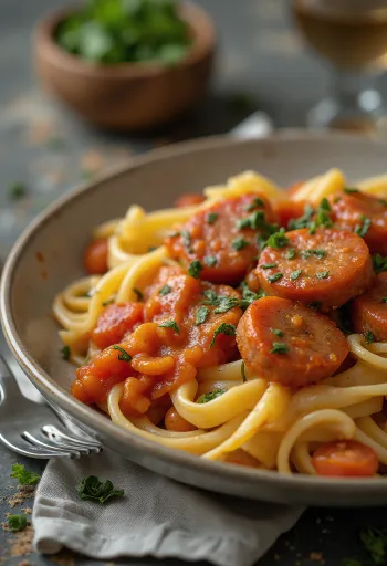 Falukorv com massa e molho de tomate, servido em molho rico