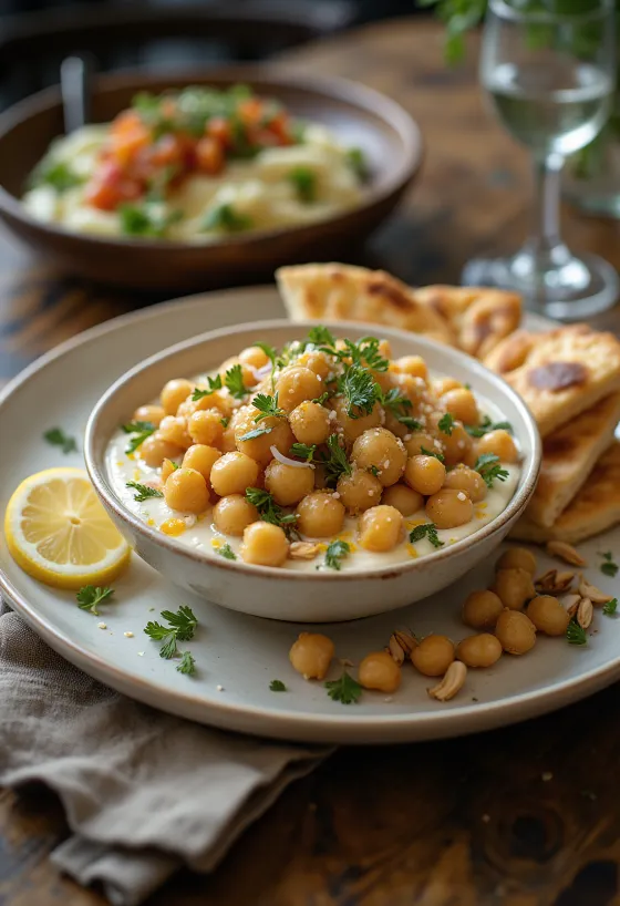 Fatteh ao limão, pedaços de pão sírio torrado, grão-de-bico, iogurte com tahine e pinoli tostado.