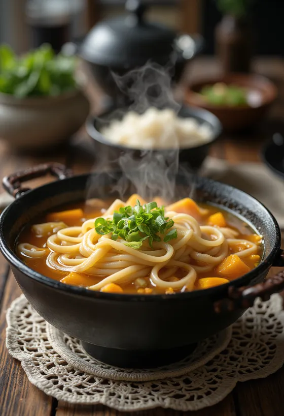 Hoto udon servido em tigela, macarrão udon largo em caldo rico de dashi e abóbora, decorado com cebolinha e gergelim