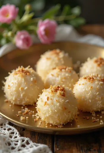 Narkel naru com leite em pó, bolas de coco com canela e sementes de gergelim