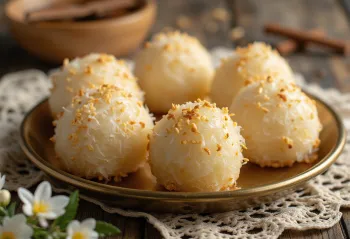 Narkel naru com leite em pó, bolas de coco com canela e sementes de gergelim