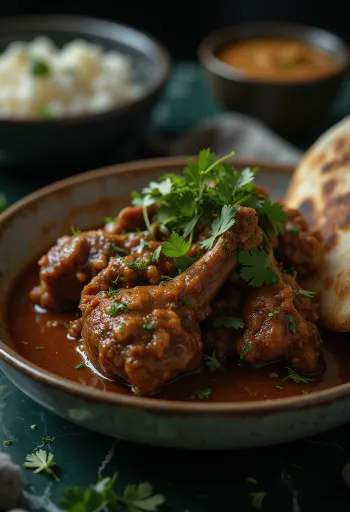 Nihari com carne bovina, cozido em molho picante rico, decorado com coentro fresco
