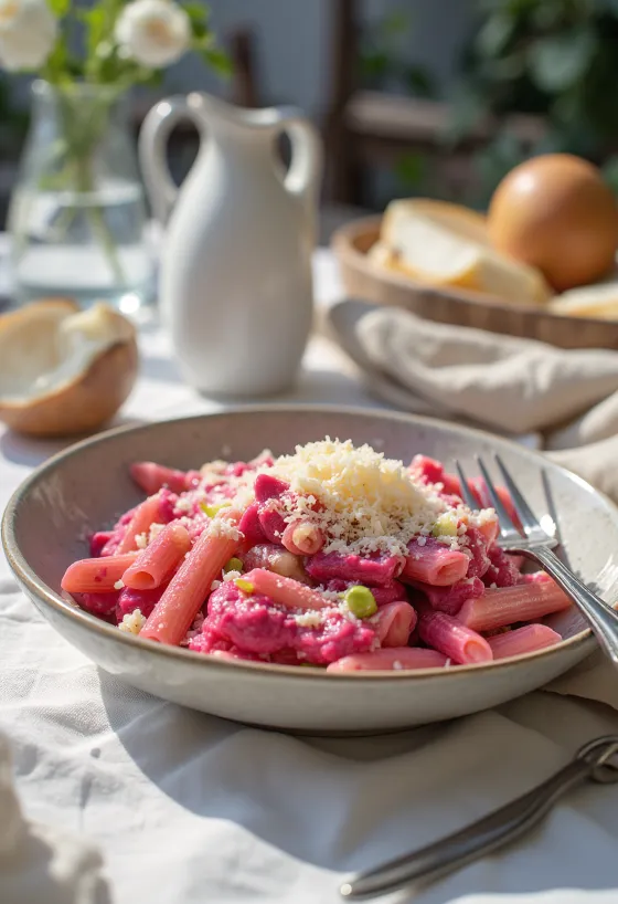 Macarrão prebiótico com beterraba e alho-poró, massa fusilli tingida de rosa intenso misturada com tiras de alho-poró