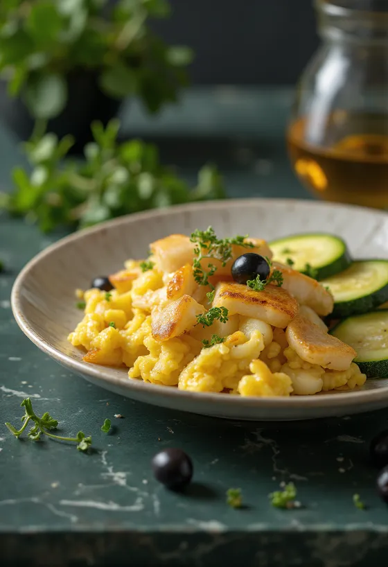 Bacalhau à Brás com abobrinha, prato português servido
