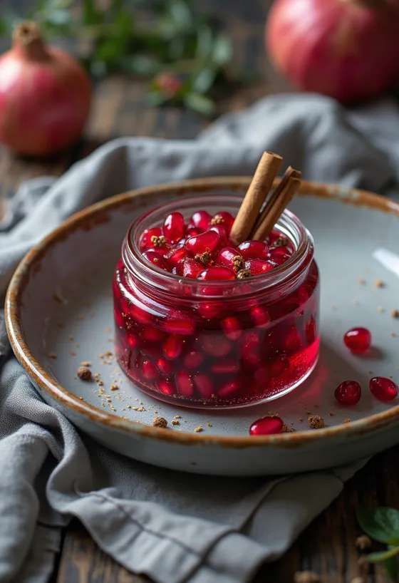 Sementes de romã em conserva picante servidas