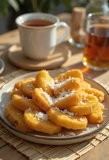 Pisang Goreng servido com flocos de coco, pedaços de banana crocantes e dourados