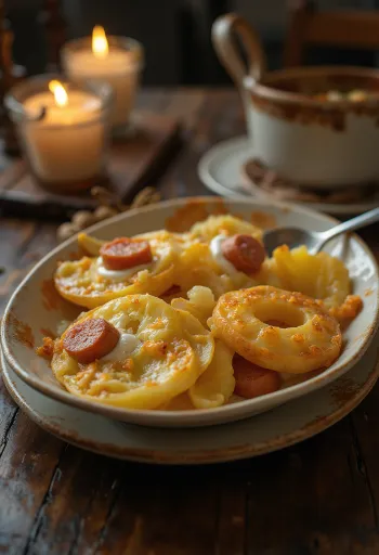 Batata gratinada em camadas com linguiça, ovos e creme de leite.