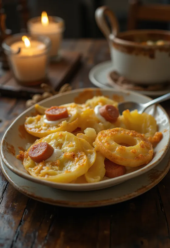 Batata gratinada em camadas com linguiça, ovos e creme de leite.