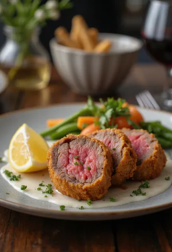 Filé mignon à milanesa crocante servido no prato