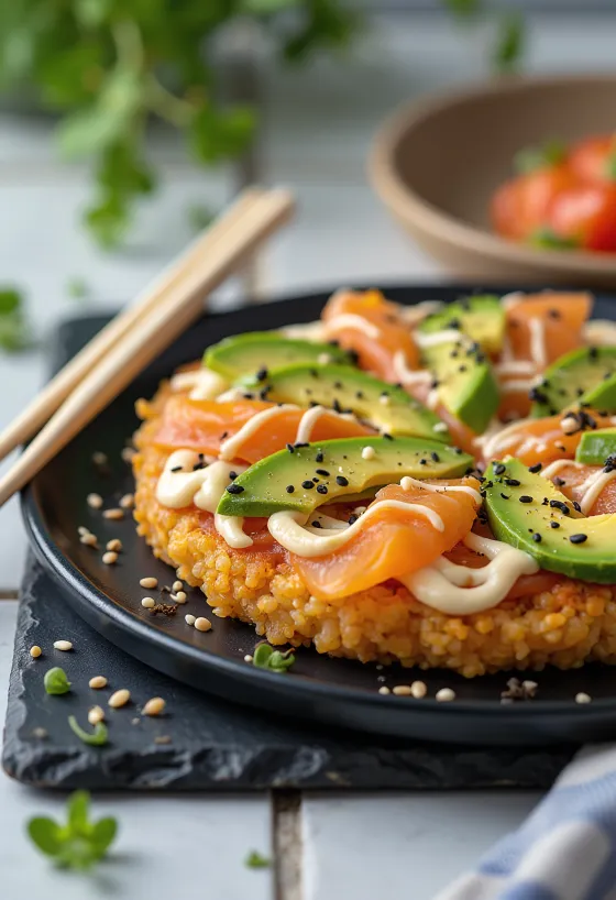 Pizza de sushi com base de arroz japonês, salmão e abacate