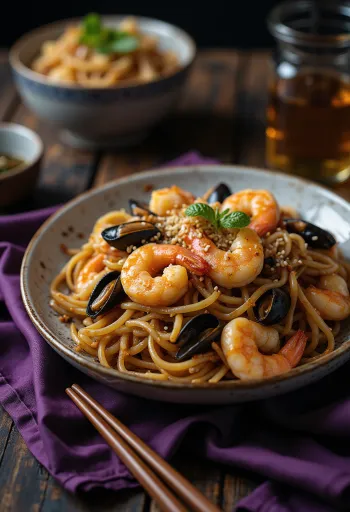 Yakisoba com frutos do mar servido, decorado com cebolinha