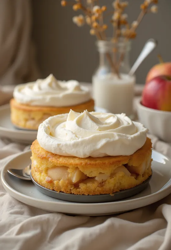 Bolo de maçã servido com chantilly e fatias de maçã