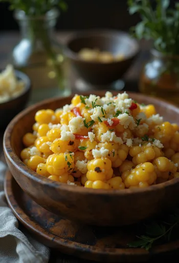 Esquites com milho tostado, queijo feta e suco de limão