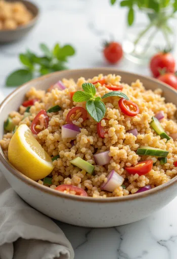 Kısır servido com pimenta picante, legumes frescos e salsinha