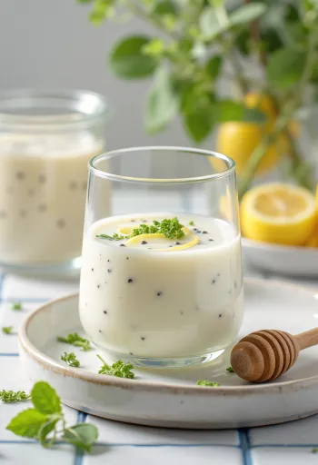 Copos de kefir probiótico com erva-cidreira, bebida de cor clara e aparência refrescante