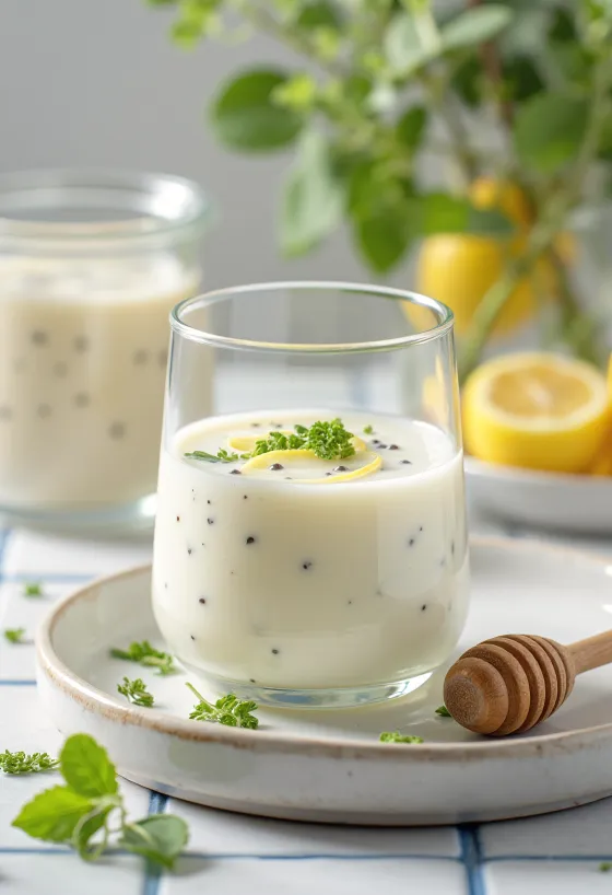 Copos de kefir probiótico com erva-cidreira, bebida de cor clara e aparência refrescante