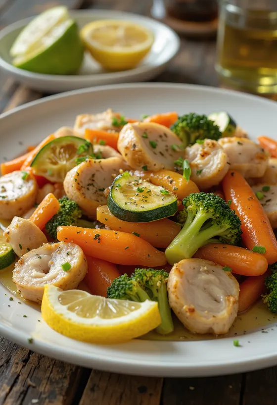 Peito de peru com legumes, servido com brócolis, cenoura e abobrinha