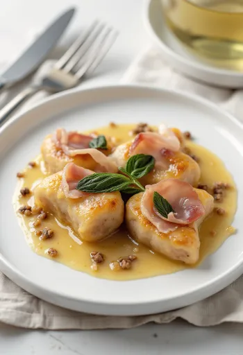 Saltimbocca com molho de vinho branco, carne de vitela, prosciutto e ervas frescas