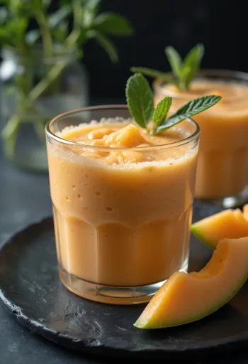 Smoothie de melão cantaloupe servido em copo