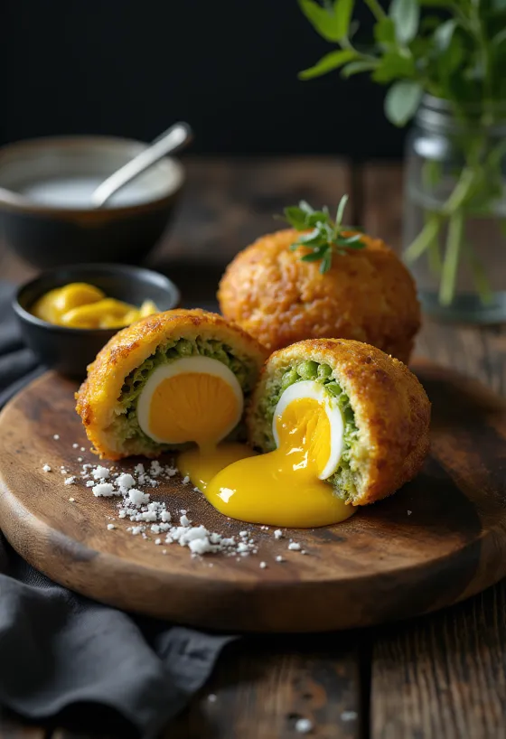 Scotch egg com recheio de legumes empanado dourado