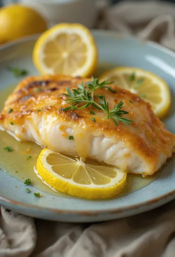 Filé de peixe com molho de limão servido no prato