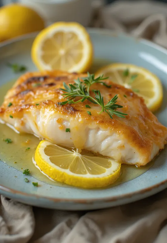 Filé de peixe com molho de limão servido no prato