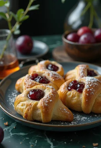 Croissants caseiros recheados com geleia de ameixa, polvilhados com açúcar.