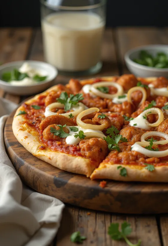 Pizza de frango tandoori com tempero indiano e coentro