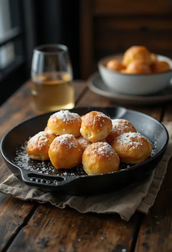 Æbleskiver bolinho esférico dinamarquês polvilhado com açúcar de confeiteiro